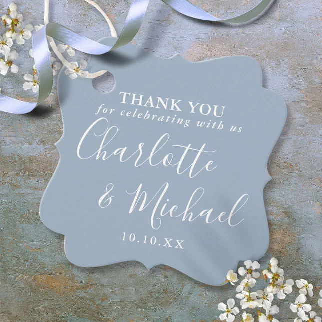 Elegant Script Dusty Blue Wedding Thank You Favor Tags | Zazzle