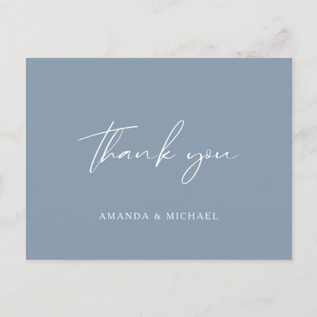 Elegant Script Dusty Blue Wedding Thank You Postcard | Zazzle