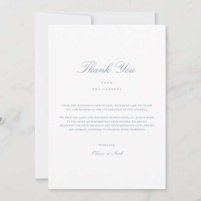 Elegant Script Dusty Blue & White Thank you Card (Front)