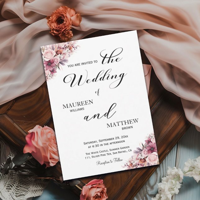 Elegant Script Dusty Pink Boho Floral Wedding Invitation (Creator Uploaded)
