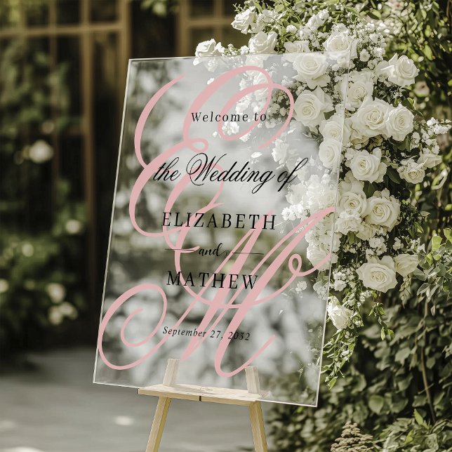 Elegant Script Dusty Pink Monogram Wedding Welcome Acrylic Sign (Creator Uploaded)