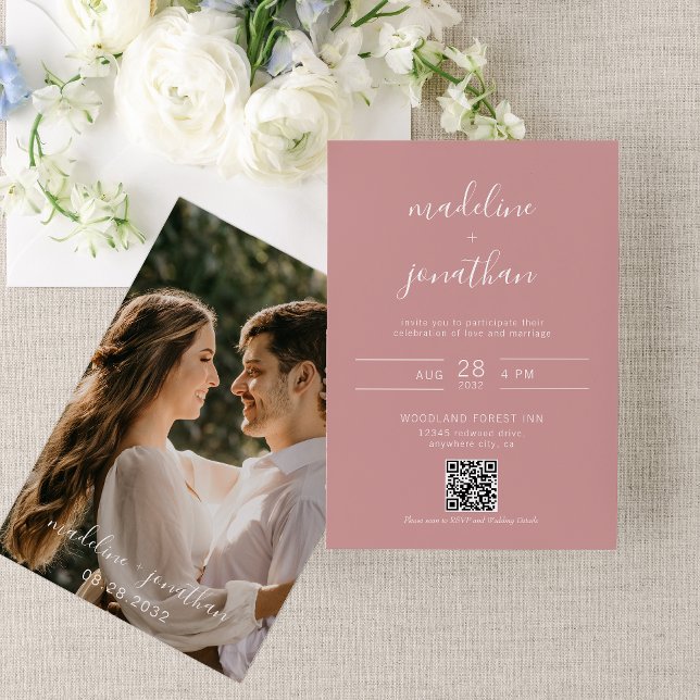 Elegant Script Dusty Pink Photo QR Code Wedding  Invitation (Creator Uploaded)
