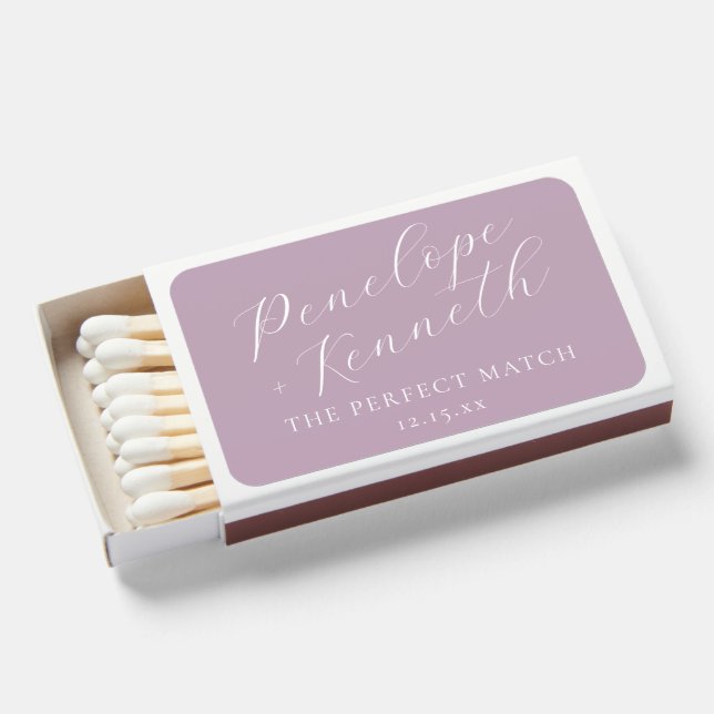 Elegant Script Dusty Purple Custom Wedding Favor Matchboxes (Front Open)