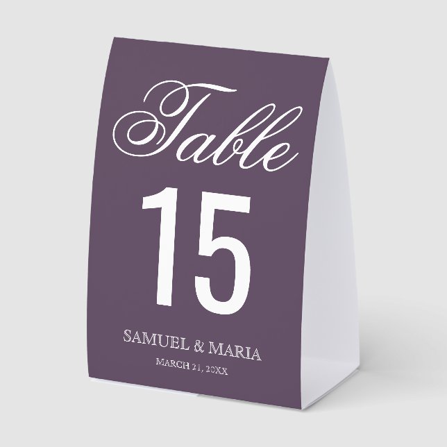 Elegant Script Dusty Purple Wedding Table Number Paper Table Tent (Front)