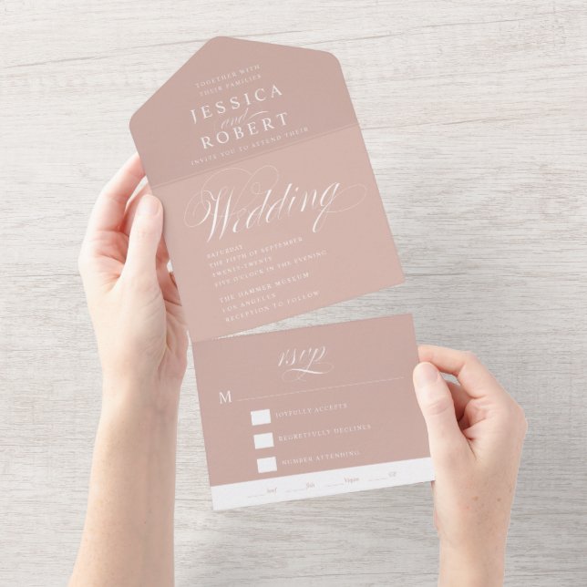 Elegant Script Dusty Rose Calligraphy Wedding All In One Invitation (Tearaway)