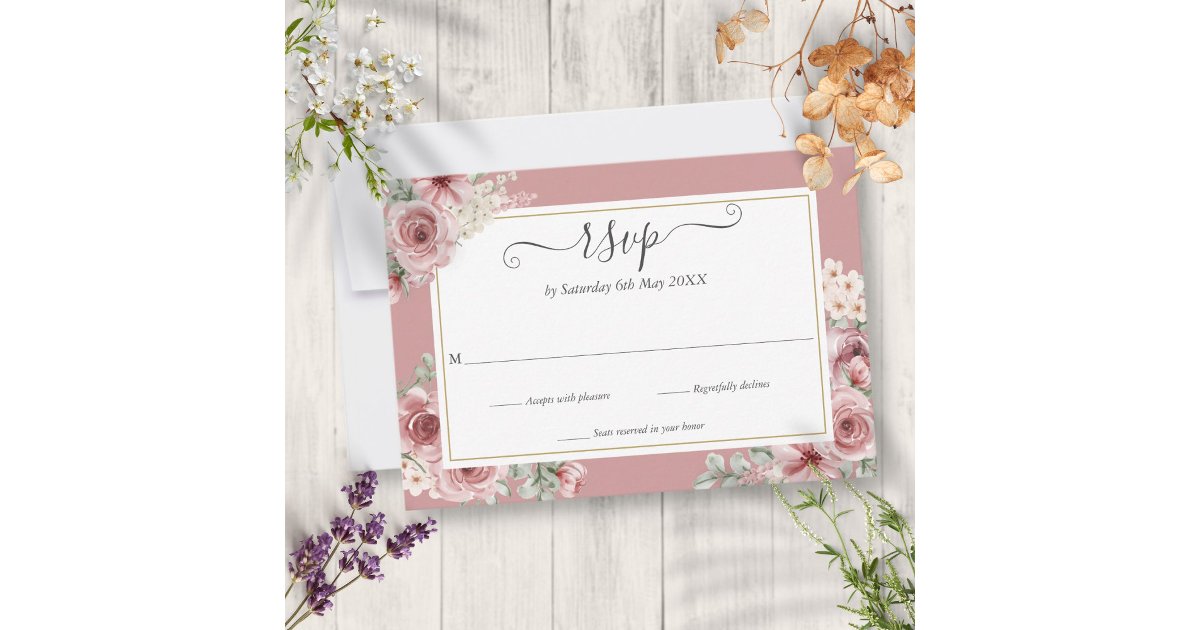 Elegant Script Dusty Rose Floral Wedding RSVP Card | Zazzle