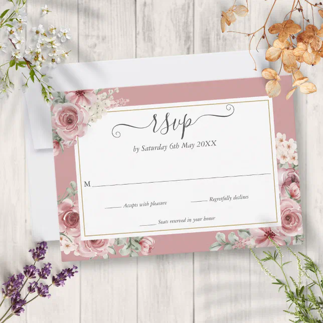 Elegant Script Dusty Rose Floral Wedding RSVP Card | Zazzle
