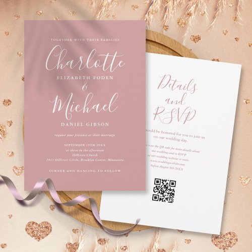 Elegant Script Dusty Rose Modern QR Code Wedding Invitation