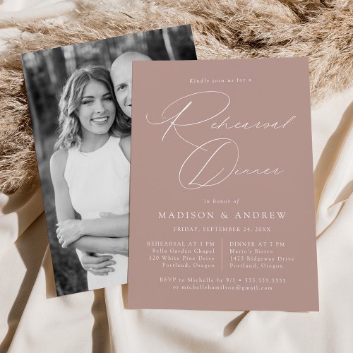 Elegant Script Dusty Rose Photo Rehearsal Dinner Invitation