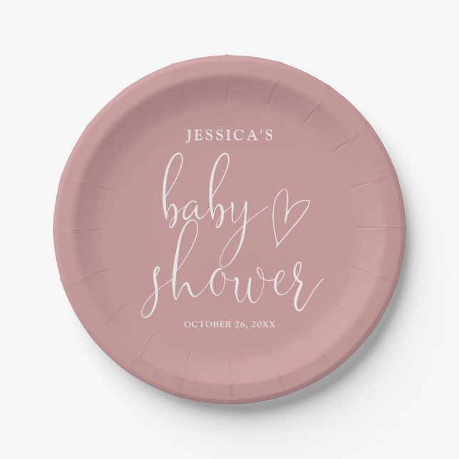 Elegant Script Dusty Rose Pink Baby Shower Paper Plates (Front)
