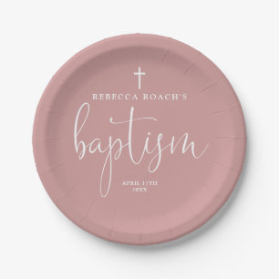 Elegant Script Dusty Rose Pink Baptism Paper Plates