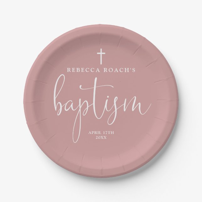 Elegant Script Dusty Rose Pink Baptism Paper Plates (Front)