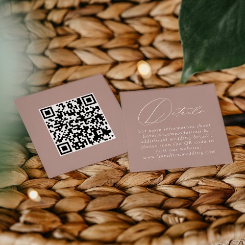 Elegant Script Dusty Rose QR Code Wedding Details Enclosure Card