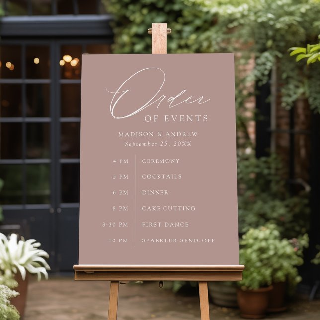 Elegant Script Dusty Rose Wedding Order of Events Foam Board (Creator Uploaded)