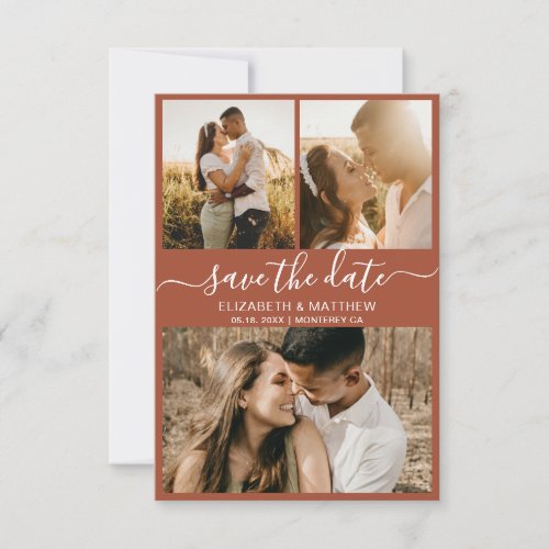 Elegant Script Earthy Rust Photo Collage Wedding  Save The Date