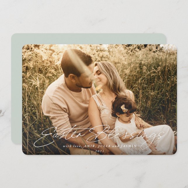 Elegant Script Easter Blessings Photo Holiday Card (Front/Back)