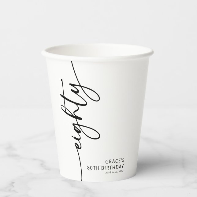Elegant Script Eighty 80th Birthday Paper Cups (Front)