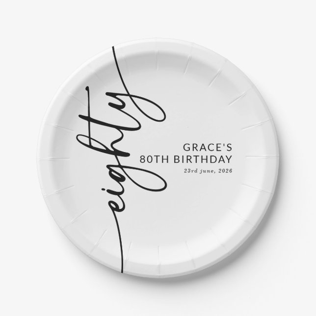 Elegant Script Eighty 80th Birthday Paper Plates (Front)