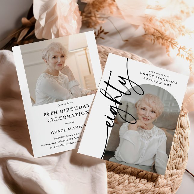 Elegant Script Eighty Arch Photo 80th Birthday Invitation (Creator Uploaded)