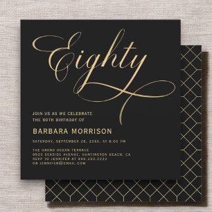 Elegant Script Eighty Black Gold 80th Birthday Invitation