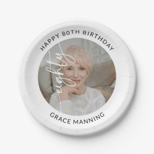 Elegant Script Eighty Photo 80th Birthday Paper Plates