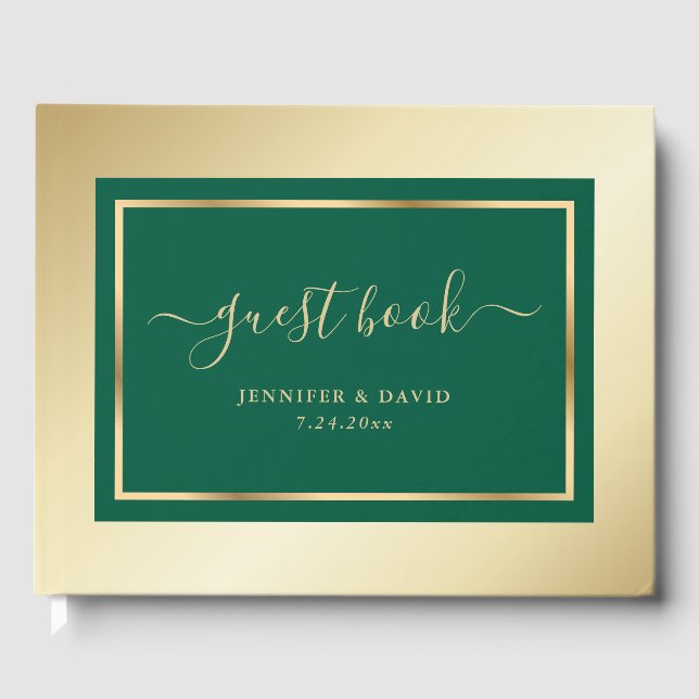 Elegant Script Emerald Green and Gold Wedding Guest Book (Front)