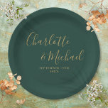 Elegant Script Emerald Green And Gold Wedding Paper Plates<br><div class="desc">Elegant signature emerald green and gold wedding paper plates personalized with signature style names and your special wedding date. Designed by Thisisnotme©</div>