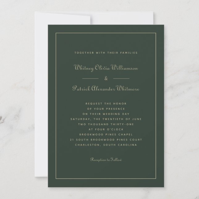 Elegant Script Emerald Green Gold Formal Weddings  Invitation (Front)