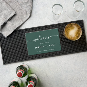Elegant Script Emerald Green Minimalist Wedding Bar Mat
