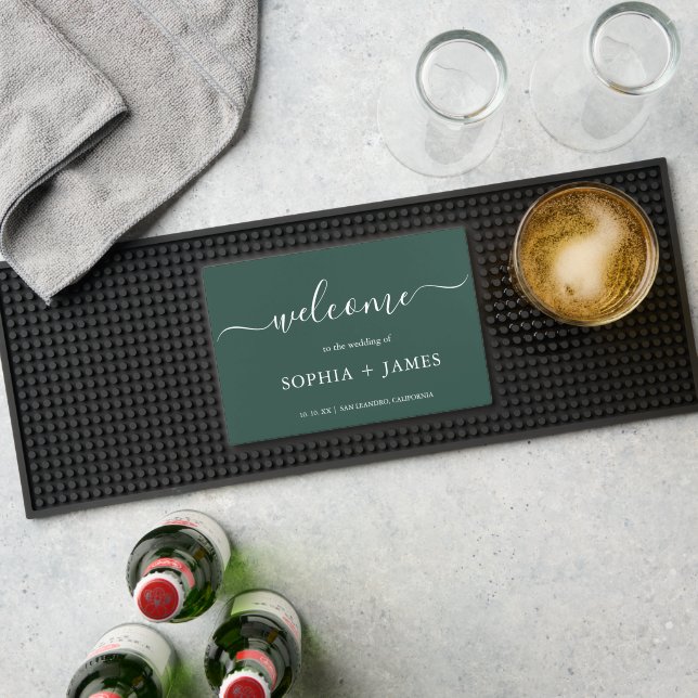 Elegant Script Emerald Green Minimalist Wedding Bar Mat (Insitu (Bar 1))