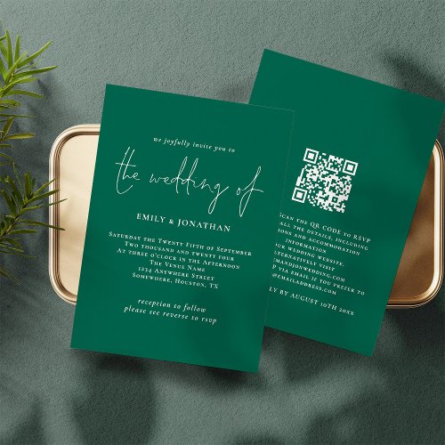 Elegant Script Emerald Green QR Code Wedding Invitation