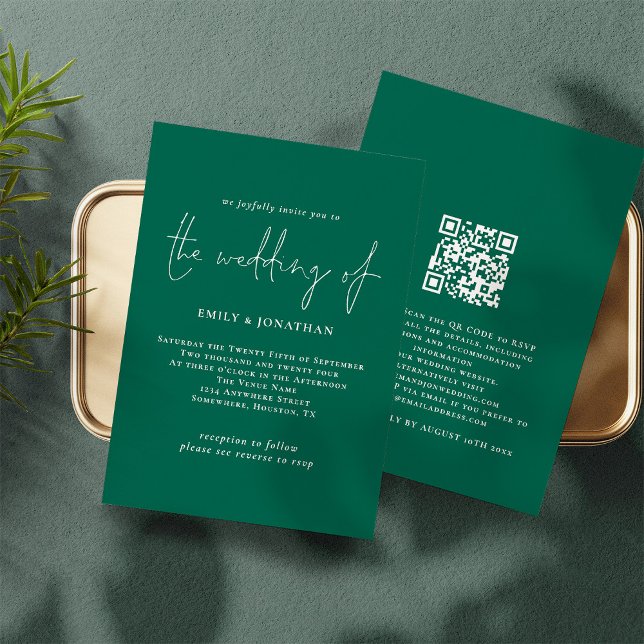 Elegant Script Emerald Green QR Code Wedding Invitation (Frotn and back view. Available digitally and printed)