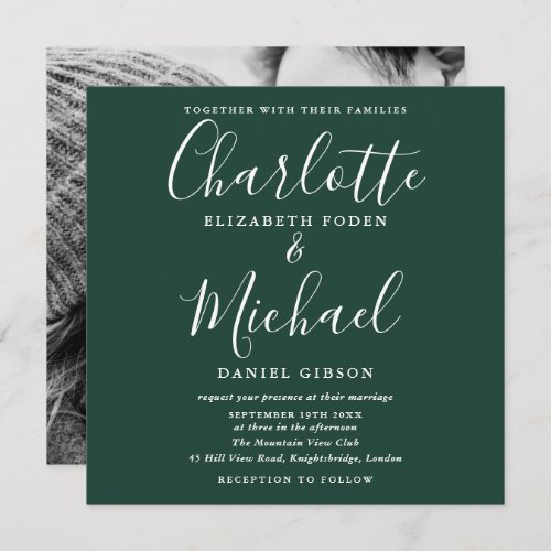 Elegant Script Emerald Green Wedding Photo Invitation