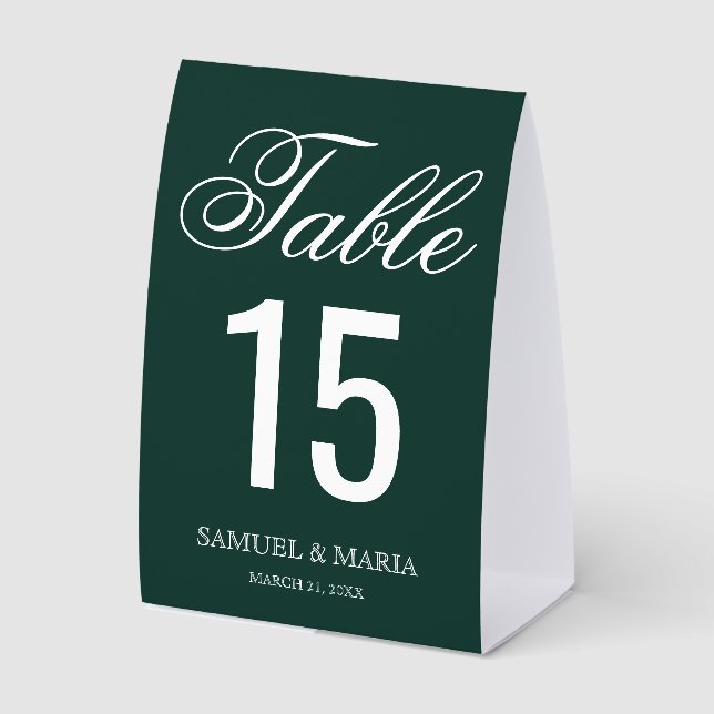 Elegant Script Emerald Green Wedding Table Number Paper Table Tent (Front)