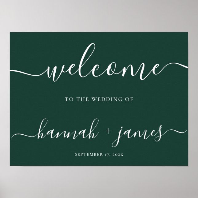 Elegant Script Emerald Green Wedding Welcome Sign (Front)