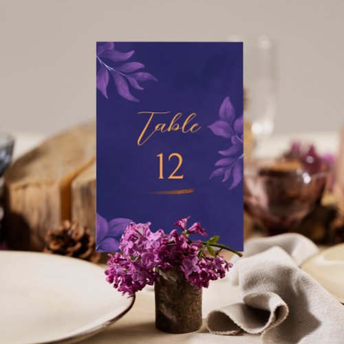 Elegant Script Emerald Purple and Gold Wedding Table Number