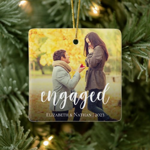 Elegant Script Engaged Photo Christmas Ceramic Ornament