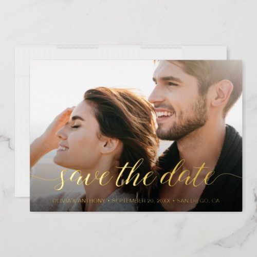 Elegant Script Engagement Photo Save the date Foil Holiday Card