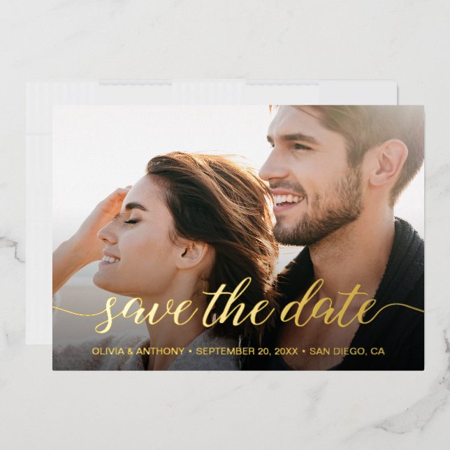 Elegant Script Engagement Photo Save the date Foil Holiday Card (Envelope)