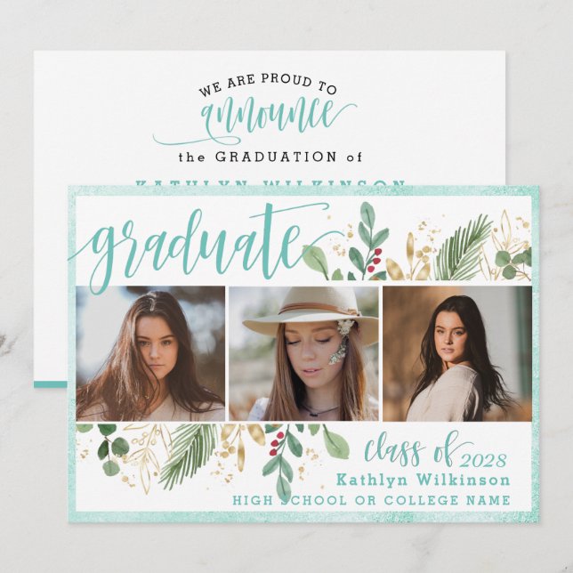 Elegant Script Eucalyptus Greenery 3 Photo Grad Announcement (Front/Back)