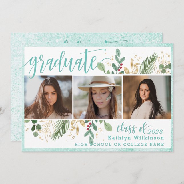 Elegant Script Eucalyptus Greenery 3 Photo Grad Invitation (Front/Back)