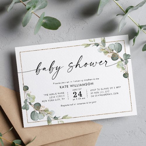 elegant script eucalyptus greenery baby shower invitation