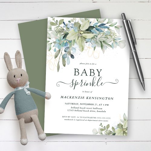 Elegant Script Eucalyptus Greenery Baby Sprinkle Invitation
