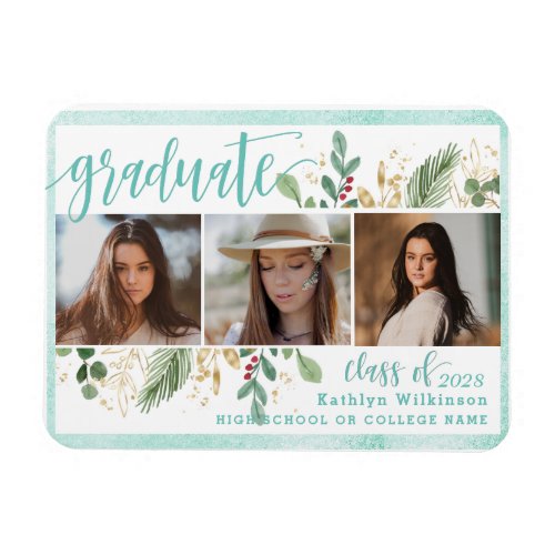 Elegant Script Eucalyptus Greenery Grad 3 Photo Magnet