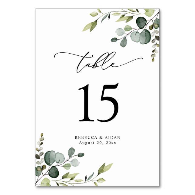 Elegant Script Eucalyptus Greenery Table Numbers (Front)