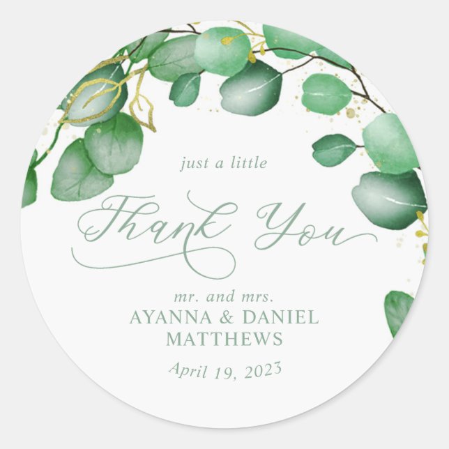 Elegant Script Eucalyptus Greenery Thank You Classic Round Sticker (Front)