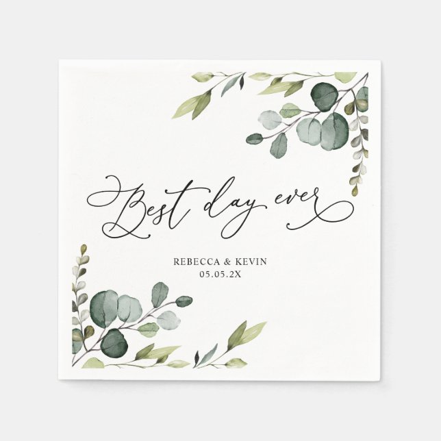 Elegant Script Eucalyptus Greenery Wedding Paper Napkins (Front)