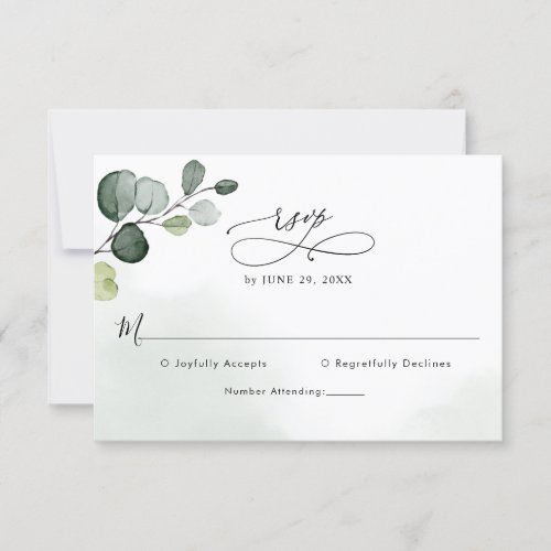 Elegant Script Eucalyptus Greenery Wedding RSVP Card - Designed to coordinate with our Boho Greenery wedding collection, this customizable RSVP card, features a watercolor eucalyptus branch set against a delicate watercolor wash background with calligraphy graphic text, paired with a classy serif & modern sans font in black.