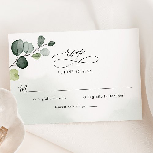 Elegant Script Eucalyptus Greenery Wedding RSVP Card