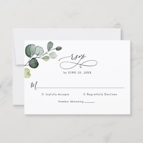 Elegant Script Eucalyptus Greenery Wedding RSVP Card - Designed to coordinate with our Botanical Greenery wedding collection, this customizable RSVP card, features watercolor greenery eucalyptus branch & features a sweeping calligraphy script graphic text paired with a classy serif & modern sans font in black.